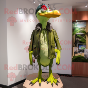 Lime Green Woodpecker mascot costume character dressed with a Leather Jacket and Shawl pins