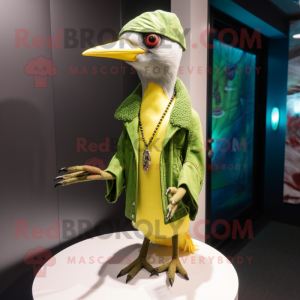 Lime Green Woodpecker mascot costume character dressed with a Leather Jacket and Shawl pins