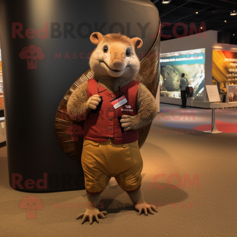 Brown Armadillo mascot costume character dressed with a Henley Shirt and Wallets