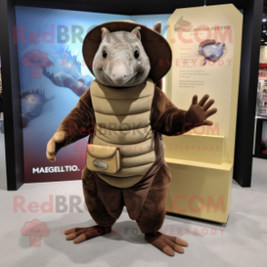 Brown Armadillo mascot costume character dressed with a Henley Shirt and Wallets