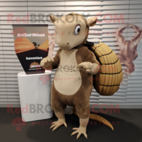 Brown Armadillo mascot costume character dressed with a Henley Shirt and Wallets