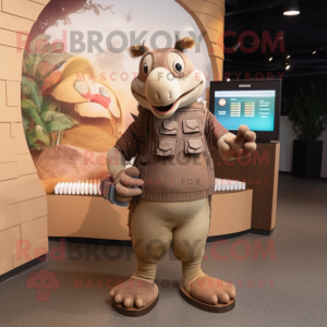 Brown Armadillo mascot costume character dressed with a Henley Shirt and Wallets