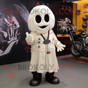 Cream Ghost mascot costume character dressed with a Biker Jacket and Shoe laces