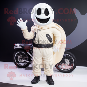 Cream Ghost mascot costume character dressed with a Biker Jacket and Shoe laces