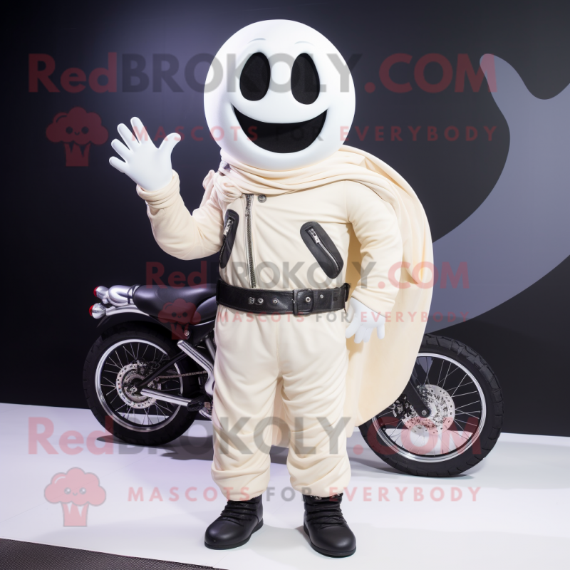 Cream Ghost mascot costume character dressed with a Biker Jacket and Shoe laces Cream Ghost mascot costume character dressed with a Biker Jacket and Shoe laces