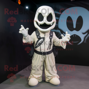 Cream Ghost mascot costume character dressed with a Biker Jacket and Shoe laces