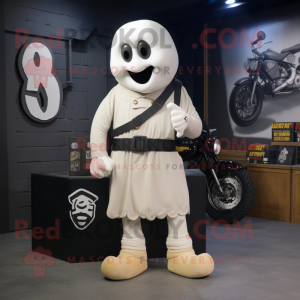 Cream Ghost mascot costume character dressed with a Biker Jacket and Shoe laces