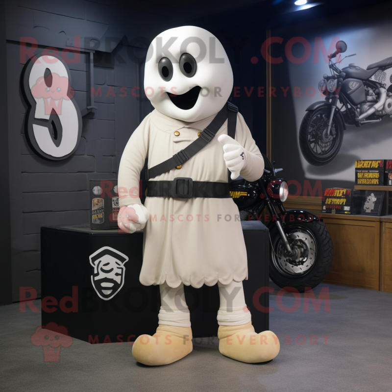 Cream Ghost mascot costume character dressed with a Biker Jacket and Shoe laces Cream Ghost mascot costume character dressed with a Biker Jacket and Shoe laces