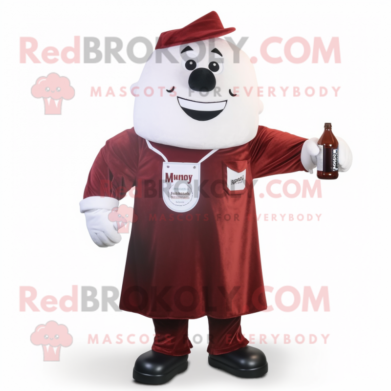 Maroon Bottle Of Milk mascot costume character dressed with a Poplin Shirt and Wraps