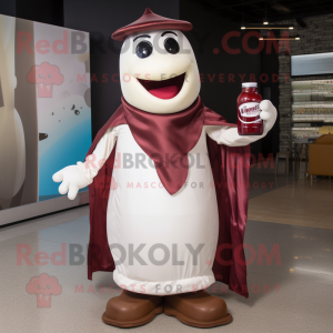Maroon Bottle Of Milk mascot costume character dressed with a Poplin Shirt and Wraps
