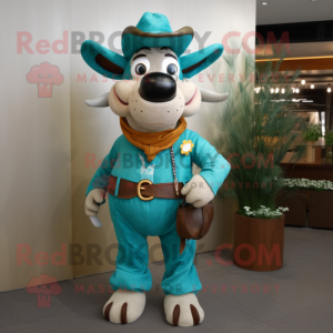 Turquoise Cow mascot costume character dressed with a Corduroy Pants and Belts