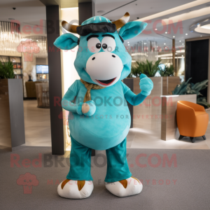 Turquoise Cow mascot costume character dressed with a Corduroy Pants and Belts