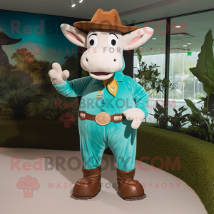 Turquoise Cow mascot costume character dressed with a Corduroy Pants and Belts