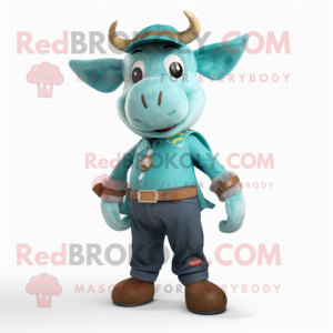 Turquoise Cow mascot costume character dressed with a Corduroy Pants and Belts