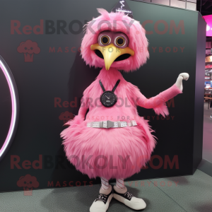 Pink Emu mascot costume character dressed with a A-Line Skirt and Smartwatches