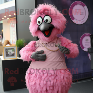 Pink Emu mascot costume character dressed with a A-Line Skirt and Smartwatches