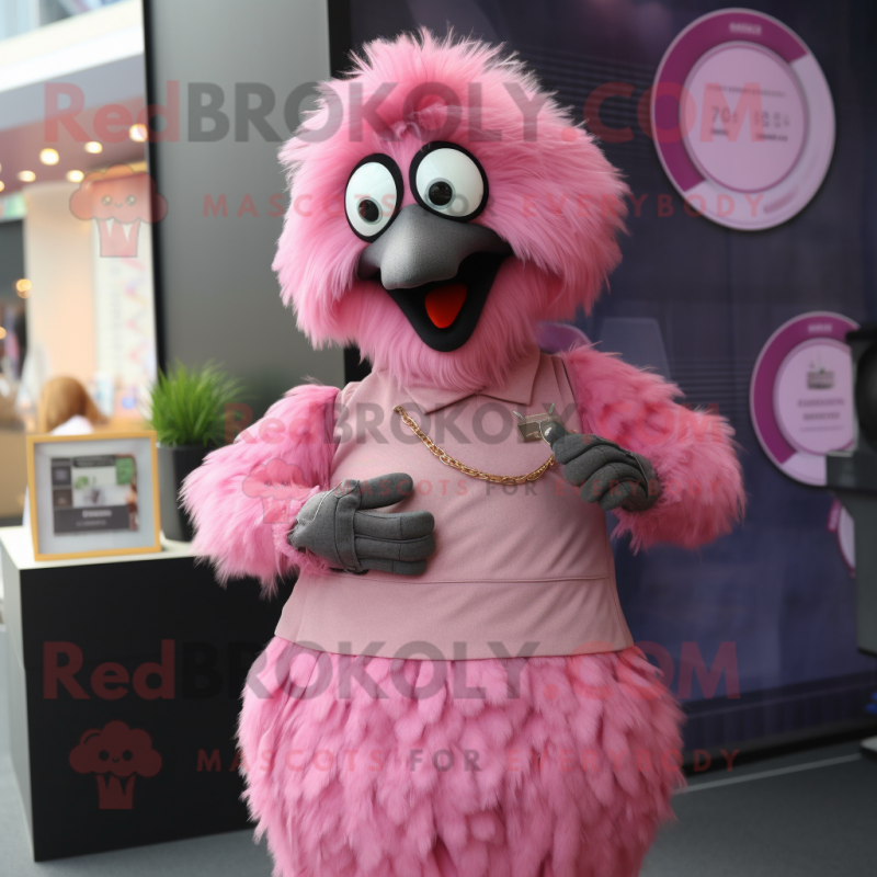 Pink Emu mascot costume character dressed with a A-Line Skirt and Smartwatches Pink Emu mascot costume character dressed with a A-Line Skirt and Smartwatches