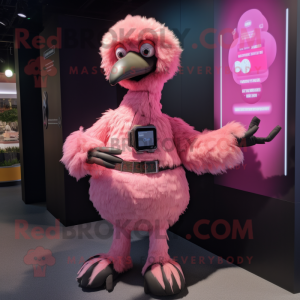 Pink Emu mascot costume character dressed with a A-Line Skirt and Smartwatches