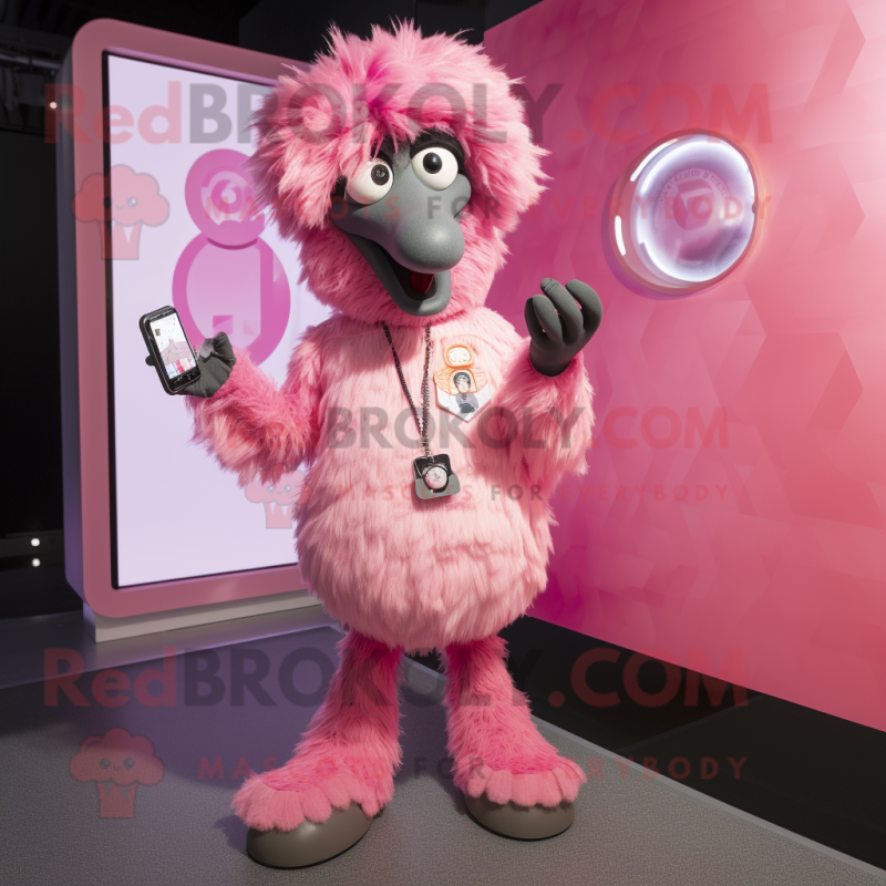 Pink Emu mascot costume character dressed with a A-Line Skirt and Smartwatches Pink Emu mascot costume character dressed with a A-Line Skirt and Smartwatches