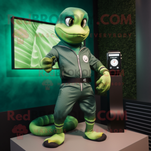 Forest Green Python mascot costume character dressed with a Romper and Smartwatches