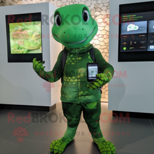 Forest Green Python mascot costume character dressed with a Romper and Smartwatches