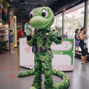 Forest Green Python mascot costume character dressed with a Romper and Smartwatches