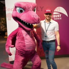Magenta Velociraptor mascot costume character dressed with a Boyfriend Jeans and Cummerbunds