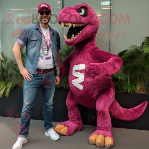 Magenta Velociraptor mascot costume character dressed with a Boyfriend Jeans and Cummerbunds