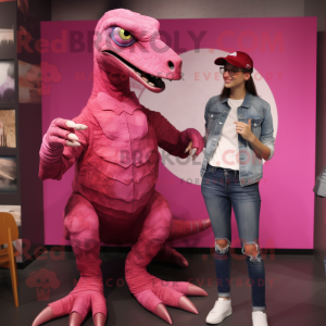 Magenta Velociraptor mascot costume character dressed with a Boyfriend Jeans and Cummerbunds