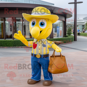 Yellow Horseshoe mascot costume character dressed with a Jeans and Tote bags