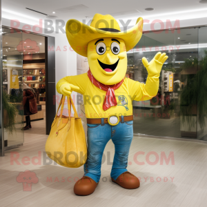 Yellow Horseshoe mascot costume character dressed with a Jeans and Tote bags