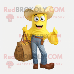 Yellow Horseshoe mascot costume character dressed with a Jeans and Tote bags