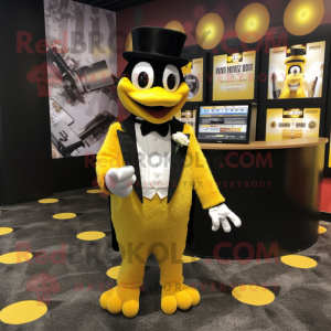 Yellow Momentum mascot costume character dressed with a Tuxedo and Coin purses