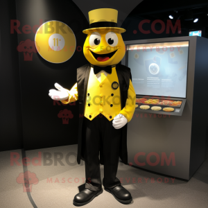 Yellow Momentum mascot costume character dressed with a Tuxedo and Coin purses