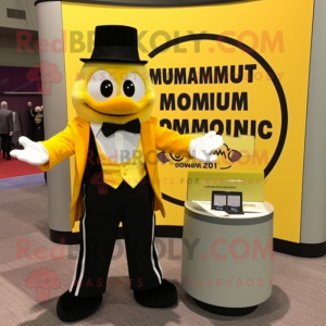 Yellow Momentum mascot costume character dressed with a Tuxedo and Coin purses