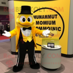 Yellow Momentum mascot costume character dressed with a Tuxedo and Coin purses