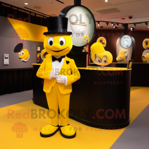 Yellow Momentum mascot costume character dressed with a Tuxedo and Coin purses