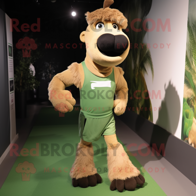 Olive Camel mascot costume character dressed with a Running Shorts and Suspenders