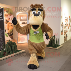 Olive Camel mascot costume character dressed with a Running Shorts and Suspenders