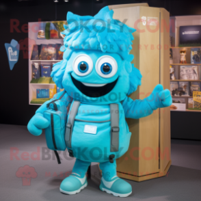 Cyan Lasagna mascot costume character dressed with a Cover-up and Backpacks
