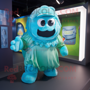 Cyan Lasagna mascot costume character dressed with a Cover-up and Backpacks