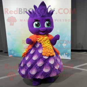 Purple Pineapple mascot costume character dressed with a A-Line Skirt and Wraps