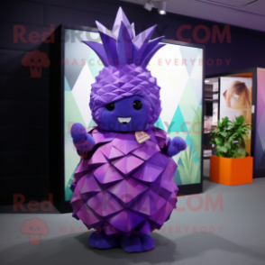 Purple Pineapple mascot costume character dressed with a A-Line Skirt and Wraps
