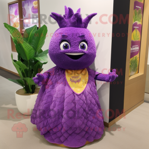 Purple Pineapple mascot costume character dressed with a A-Line Skirt and Wraps