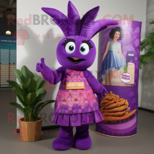 Purple Pineapple mascot costume character dressed with a A-Line Skirt and Wraps