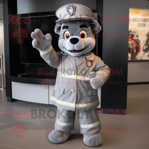 Gray Fire Fighter mascot costume character dressed with a Wrap Dress and Bow ties