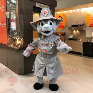 Gray Fire Fighter mascot costume character dressed with a Wrap Dress and Bow ties