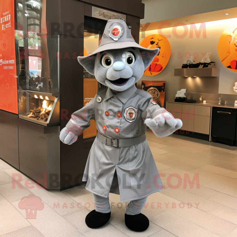 Gray Fire Fighter mascot costume character dressed with a Wrap Dress and Bow ties Gray Fire Fighter mascot costume character dressed with a Wrap Dress and Bow ties