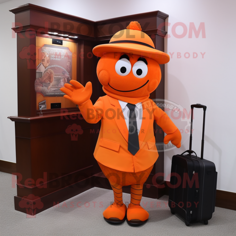 Orange Attorney mascot costume character dressed with a A-Line Skirt and Backpacks