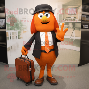 Orange Attorney mascot costume character dressed with a A-Line Skirt and Backpacks